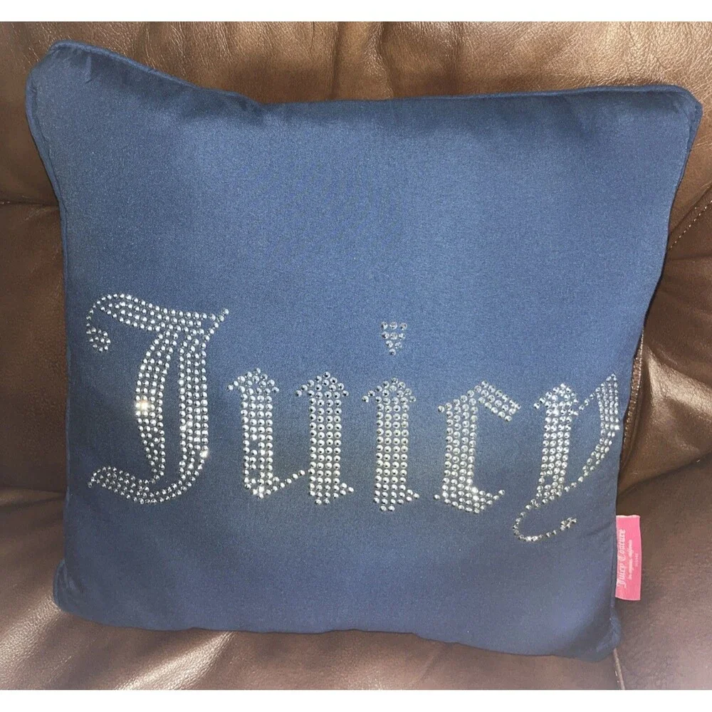 Navy Juicy Culture Rhinestone Logo Decorative Pillow Luxurious